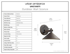Urban Ambiance - Wall Sconce - UKC10071 Industrial Outdoor Wall Sconce, 7.5''H x 8''W x 9.25''Dep, Olde Bronze Finish, Fairmont Collection - 