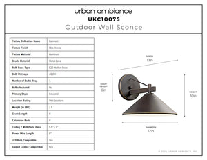 Urban Ambiance - Wall Sconce - UKC10075 Industrial Outdoor Wall Sconce, 10''H x 12''W x 13''Dep, Olde Bronze Finish, Fairmont Collection - 