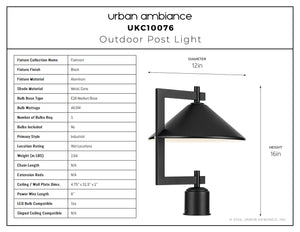 Urban Ambiance - Post Light - UKC10076 Industrial Outdoor Post Light, 16''H x 12''W x 12''Dep, Black Finish, Fairmont Collection - 
