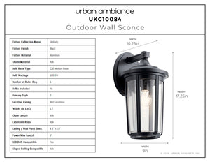 Urban Ambiance - Wall Sconce - UKC10084 Luxe Industrial Outdoor Wall Sconce, 17.25''H x 9''W x 10.25''Dep, Black Finish, Umberly Collection -