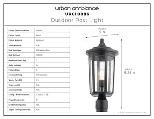 Urban Ambiance - Post Light - UKC10086 Luxe Industrial Outdoor Post Light, 19.25''H x 9''W x 9''Dep, Black Finish, Umberly Collection -