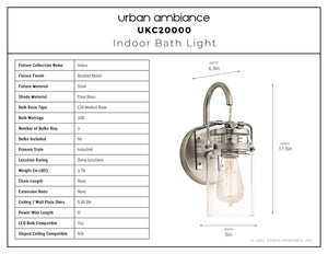 Urban Ambiance - Bath Light - UKC20000 Industrial Indoor Bath Light, 11.5''H x 5''W x 6.5''Dep, Brushed Nickel Finish, Velora Collection - 
