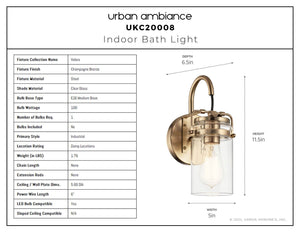 Urban Ambiance - Bath Light - UKC20008 Industrial Indoor Bath Light, 11.5''H x 5''W x 6.5''Dep, Champagne Bronze Finish, Velora Collection - 
