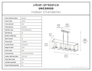 Urban Ambiance - Chandelier - UKC20020 Transitional Indoor Chandelier, 13.5''H x 41.5''W x 10''Dep, Chrome Finish, Marquess Collection - 