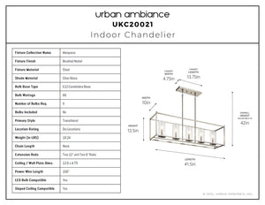 Urban Ambiance - Chandelier - UKC20021 Transitional Indoor Chandelier, 13.5''H x 41.5''W x 10''Dep, Brushed Nickel Finish, Marquess Collection - 