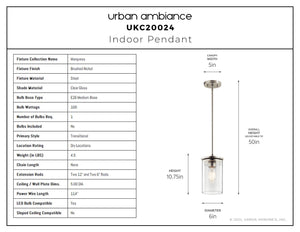 Urban Ambiance - Pendant - UKC20024 Transitional Indoor Pendant, 10.75''H x 6''W x 6''Dep, Brushed Nickel Finish, Marquess Collection - 