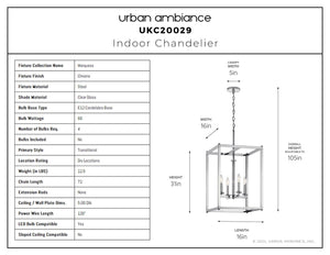 Urban Ambiance - Chandelier - UKC20029 Transitional Indoor Chandelier, 31''H x 16''W x 16''Dep, Chrome Finish, Marquess Collection - 