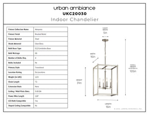 Urban Ambiance - Chandelier - UKC20030 Transitional Indoor Chandelier, 31''H x 16''W x 16''Dep, Brushed Nickel Finish, Marquess Collection - 