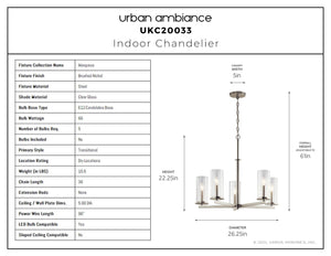 Urban Ambiance - Chandelier - UKC20033 Transitional Indoor Chandelier, 22.25''H x 26.25''W x 26.25''Dep, Brushed Nickel Finish, Marquess Collection - 