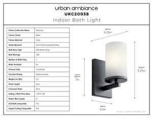Urban Ambiance - Bath Light - UKC20038 Transitional Indoor Bath Light, 9.25''H x 4.5''W x 6.25''Dep, Black Finish, Marquess Collection - 