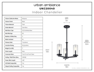 Urban Ambiance - Chandelier - UKC20040 Transitional Indoor Chandelier, 14''H x 18''W x 18''Dep, Black Finish, Marquess Collection - 