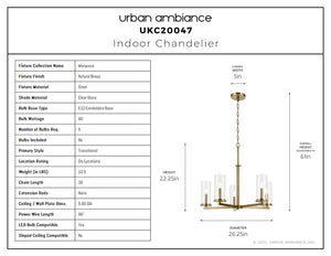 Urban Ambiance - Chandelier - UKC20047 Transitional Indoor Chandelier, 22.25''H x 26.25''W x 26.25''Dep, Natural Brass Finish, Marquess Collection - 
