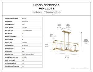 Urban Ambiance - Chandelier - UKC20048 Transitional Indoor Chandelier, 13.5''H x 41.5''W x 10''Dep, Natural Brass Finish, Marquess Collection - 