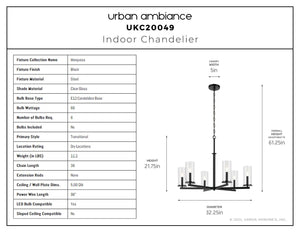 Urban Ambiance - Chandelier - UKC20049 Transitional Indoor Chandelier, 21.75''H x 32.25''W x 32.25''Dep, Black Finish, Marquess Collection - 