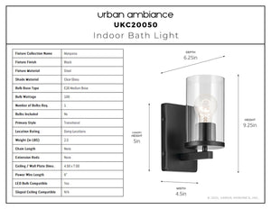 Urban Ambiance - Bath Light - UKC20050 Transitional Indoor Bath Light, 9.25''H x 4.5''W x 6.25''Dep, Black Finish, Marquess Collection - 
