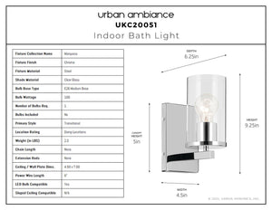 Urban Ambiance - Bath Light - UKC20051 Transitional Indoor Bath Light, 9.25''H x 4.5''W x 6.25''Dep, Chrome Finish, Marquess Collection - 