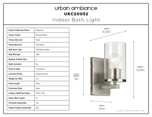 Urban Ambiance - Bath Light - UKC20052 Transitional Indoor Bath Light, 9.25''H x 4.5''W x 6.25''Dep, Brushed Nickel Finish, Marquess Collection - 