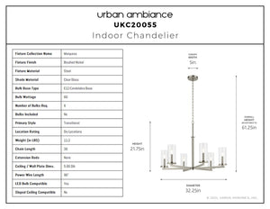 Urban Ambiance - Chandelier - UKC20055 Transitional Indoor Chandelier, 21.75''H x 32.25''W x 32.25''Dep, Brushed Nickel Finish, Marquess Collection - 