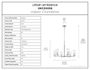 Urban Ambiance - Chandelier - UKC20056 Transitional Indoor Chandelier, 21.75''H x 32.25''W x 32.25''Dep, Chrome Finish, Marquess Collection - 