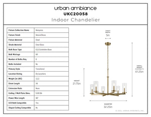 Urban Ambiance - Chandelier - UKC20058 Transitional Indoor Chandelier, 21.75''H x 32.25''W x 32.25''Dep, Natural Brass Finish, Marquess Collection - 
