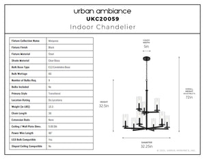 Urban Ambiance - Chandelier - UKC20059 Transitional Indoor Chandelier, 32.5''H x 32.25''W x 32.25''Dep, Black Finish, Marquess Collection - 