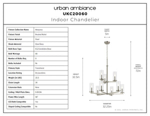 Urban Ambiance - Chandelier - UKC20060 Transitional Indoor Chandelier, 32.5''H x 32.25''W x 32.25''Dep, Brushed Nickel Finish, Marquess Collection - 