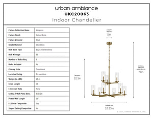Urban Ambiance - Chandelier - UKC20063 Transitional Indoor Chandelier, 32.5''H x 32.25''W x 32.25''Dep, Natural Brass Finish, Marquess Collection - 