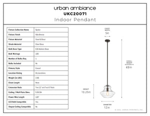 Urban Ambiance - Pendant - UKC20071 Casual Indoor Pendant, 10.25''H x 12''W x 12''Dep, Olde Bronze Finish, Opalyn Collection - 