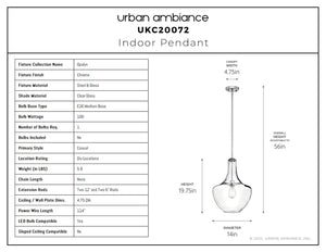 Urban Ambiance - Pendant - UKC20072 Casual Indoor Pendant, 19.75''H x 14''W x 14''Dep, Chrome Finish, Opalyn Collection - 