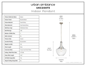 Urban Ambiance - Pendant - UKC20073 Casual Indoor Pendant, 19.75''H x 14''W x 14''Dep, Brushed Nickel Finish, Opalyn Collection - 