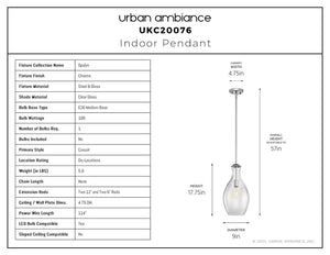 Urban Ambiance - Pendant - UKC20076 Casual Indoor Pendant, 17.75''H x 9''W x 9''Dep, Chrome Finish, Opalyn Collection - 