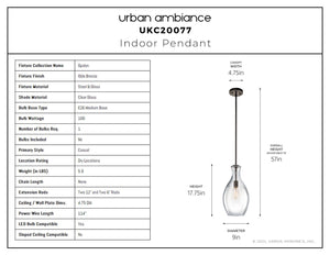 Urban Ambiance - Pendant - UKC20077 Casual Indoor Pendant, 17.75''H x 9''W x 9''Dep, Olde Bronze Finish, Opalyn Collection - 