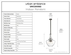 Urban Ambiance - Pendant - UKC20082 Casual Indoor Pendant, 22.5''H x 16''W x 16''Dep, Olde Bronze Finish, Opalyn Collection - 