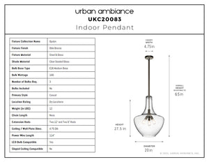 Urban Ambiance - Pendant - UKC20083 Casual Indoor Pendant, 27.25''H x 20''W x 20''Dep, Olde Bronze Finish, Opalyn Collection - 