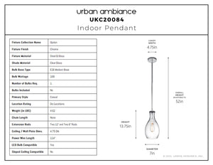 Urban Ambiance - Pendant - UKC20084 Casual Indoor Pendant, 13.75''H x 7''W x 7''Dep, Chrome Finish, Opalyn Collection - 