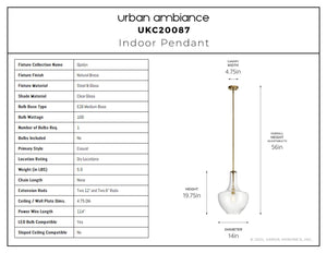 Urban Ambiance - Pendant - UKC20087 Casual Indoor Pendant, 19.75''H x 14''W x 14''Dep, Natural Brass Finish, Opalyn Collection - 