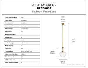 Urban Ambiance - Pendant - UKC20089 Casual Indoor Pendant, 15.25''H x 10.5''W x 10.5''Dep, Natural Brass Finish, Opalyn Collection - 