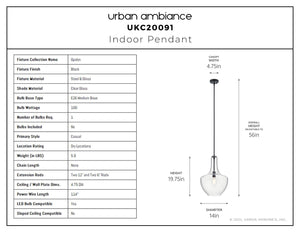 Urban Ambiance - Pendant - UKC20091 Casual Indoor Pendant, 19.75''H x 14''W x 14''Dep, Black Finish, Opalyn Collection - 