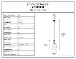 Urban Ambiance - Pendant - UKC20092 Casual Indoor Pendant, 17.75''H x 9''W x 9''Dep, Black Finish, Opalyn Collection - 