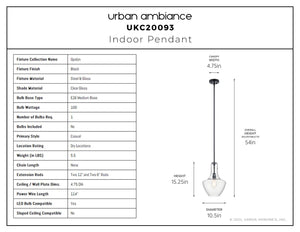 Urban Ambiance - Pendant - UKC20093 Casual Indoor Pendant, 15.25''H x 10.5''W x 10.5''Dep, Black Finish, Opalyn Collection - 