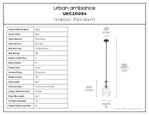 Urban Ambiance - Pendant - UKC20094 Casual Indoor Pendant, 13.75''H x 7''W x 7''Dep, Black Finish, Opalyn Collection - 