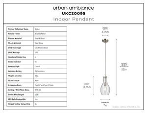 Urban Ambiance - Pendant - UKC20095 Casual Indoor Pendant, 13.75''H x 7''W x 7''Dep, Brushed Nickel Finish, Opalyn Collection - 