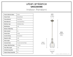 Urban Ambiance - Pendant - UKC20096 Casual Indoor Pendant, 13.75''H x 7''W x 7''Dep, Brushed Nickel Finish, Opalyn Collection - 
