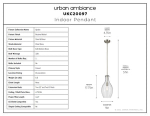 Urban Ambiance - Pendant - UKC20097 Casual Indoor Pendant, 17.75''H x 9''W x 9''Dep, Brushed Nickel Finish, Opalyn Collection - 