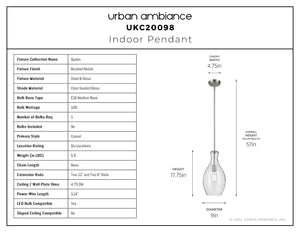 Urban Ambiance - Pendant - UKC20098 Casual Indoor Pendant, 17.75''H x 9''W x 9''Dep, Brushed Nickel Finish, Opalyn Collection - 