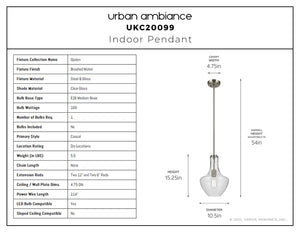 Urban Ambiance - Pendant - UKC20099 Casual Indoor Pendant, 15.25''H x 10.5''W x 10.5''Dep, Brushed Nickel Finish, Opalyn Collection - 