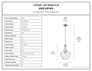 Urban Ambiance - Pendant - UKC20100 Casual Indoor Pendant, 19.75''H x 14''W x 14''Dep, Brushed Nickel Finish, Opalyn Collection - 