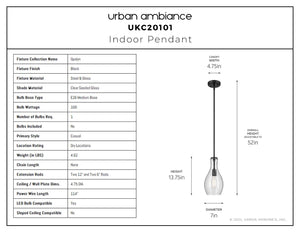 Urban Ambiance - Pendant - UKC20101 Casual Indoor Pendant, 13.75''H x 7''W x 7''Dep, Black Finish, Opalyn Collection - 
