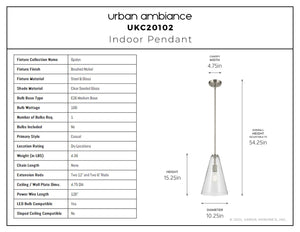 Urban Ambiance - Pendant - UKC20102 Casual Indoor Pendant, 15.25''H x 10.25''W x 10.25''Dep, Brushed Nickel Finish, Opalyn Collection - 