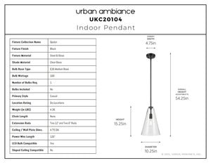 Urban Ambiance - Pendant - UKC20104 Casual Indoor Pendant, 15.25''H x 10.25''W x 10.25''Dep, Black Finish, Opalyn Collection - 